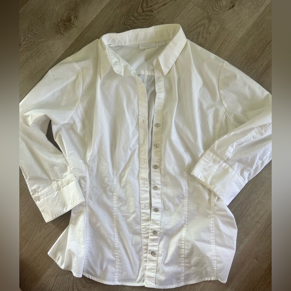 New York & Company White Casual Button Down Shirt Ruched Sides NWOT